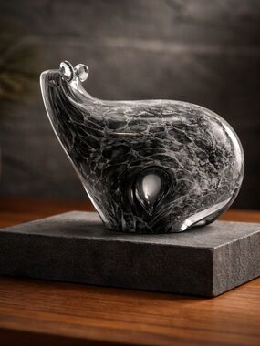 Handblown Glass Sculpture of a Black Bear - Black Marble Effect Home Art